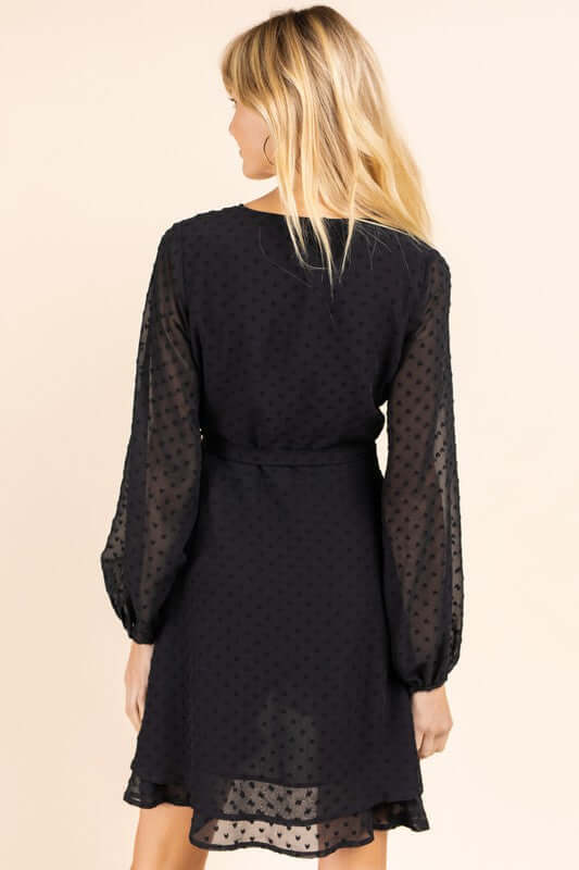 Black Long Sleeve Double Layer Wrap Dress