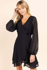 Black Long Sleeve Double Layer Wrap Dress