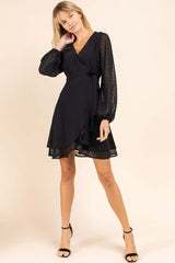 Black Long Sleeve Double Layer Wrap Dress