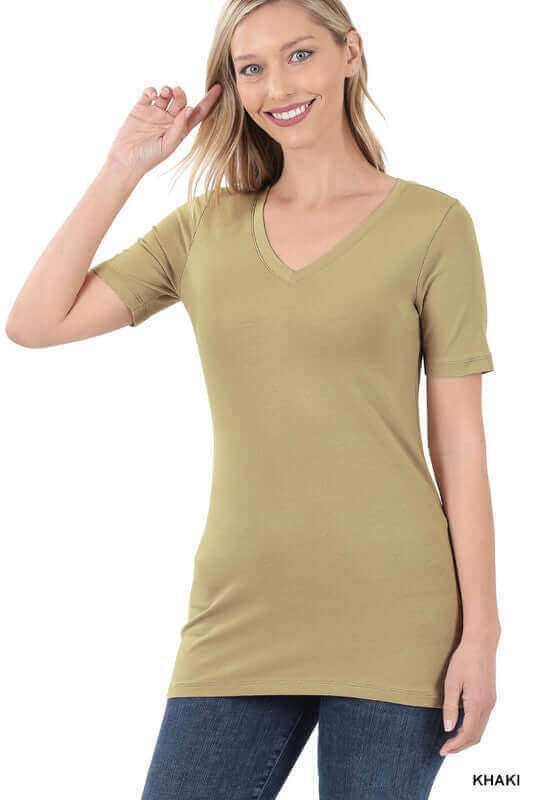 Cotton V-Neck Short Sleeve T-Shirts, ZENANA, $ 13.95