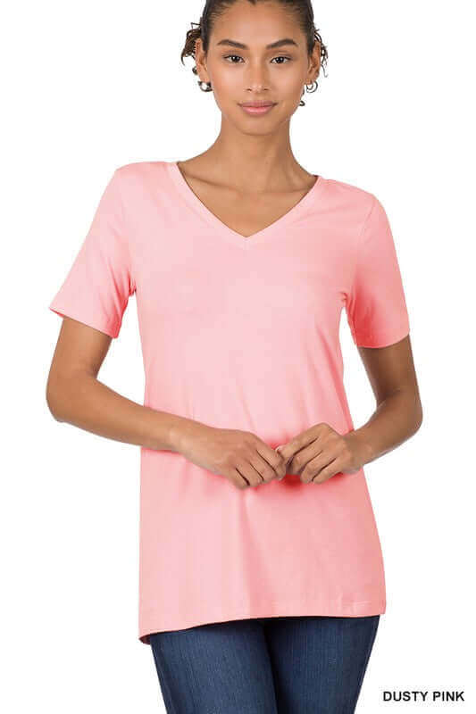 Cotton V-Neck Short Sleeve T-Shirts, ZENANA, $ 13.95