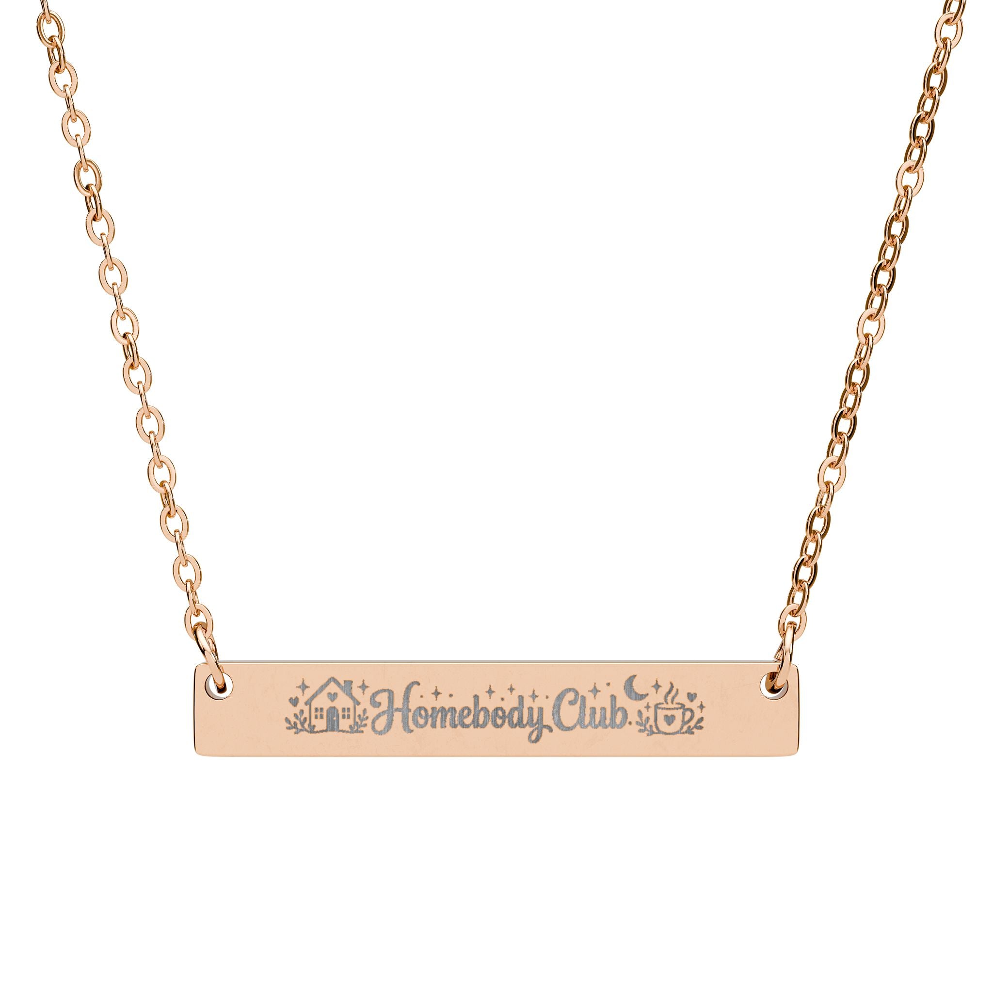 Close-up of Homebody Club laser engraved bar necklace