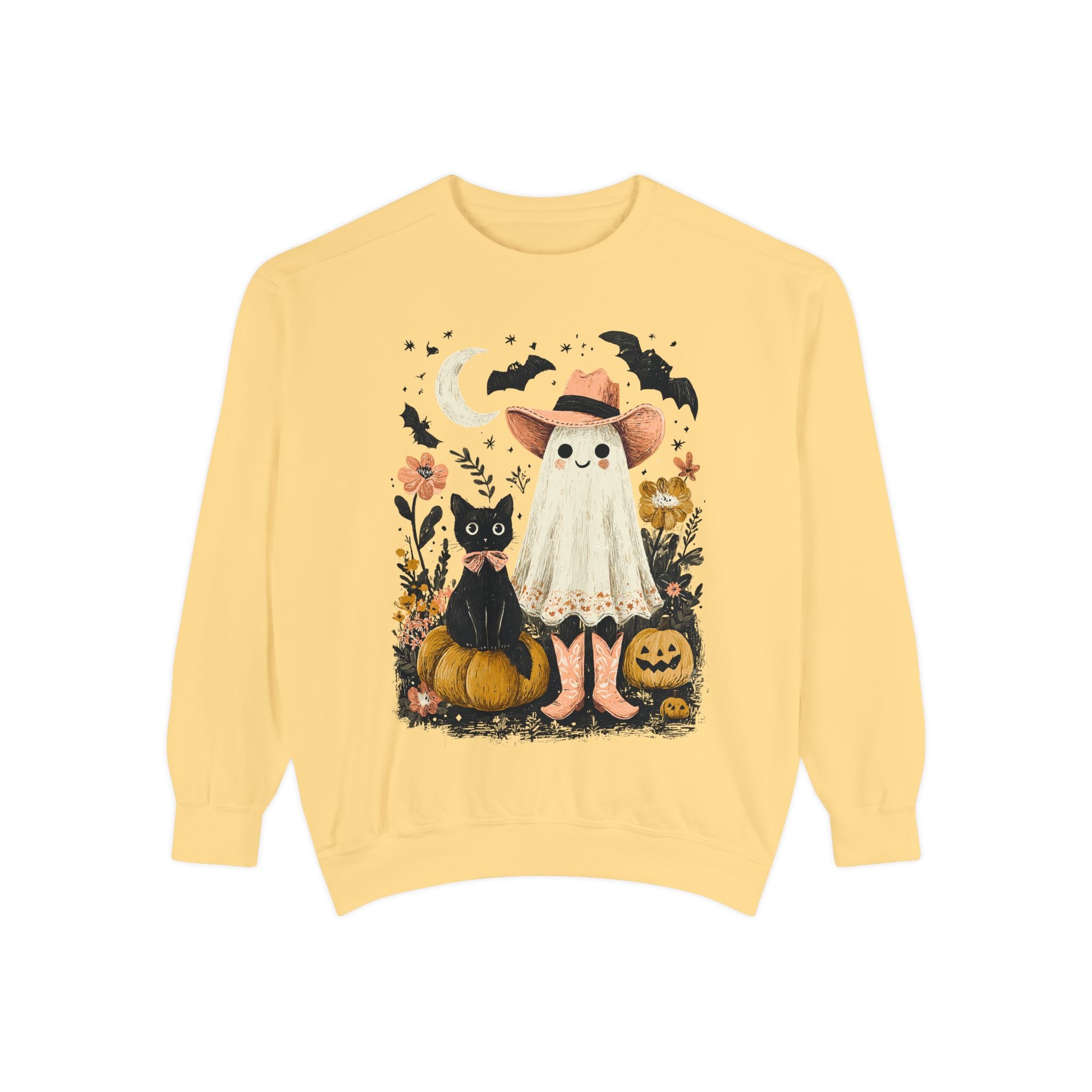 Halloween Ghost Costume Sweatshirt — Cute Ghost, Black Cat & Pumpkins Fall Pullover - sweatshirt product image 3