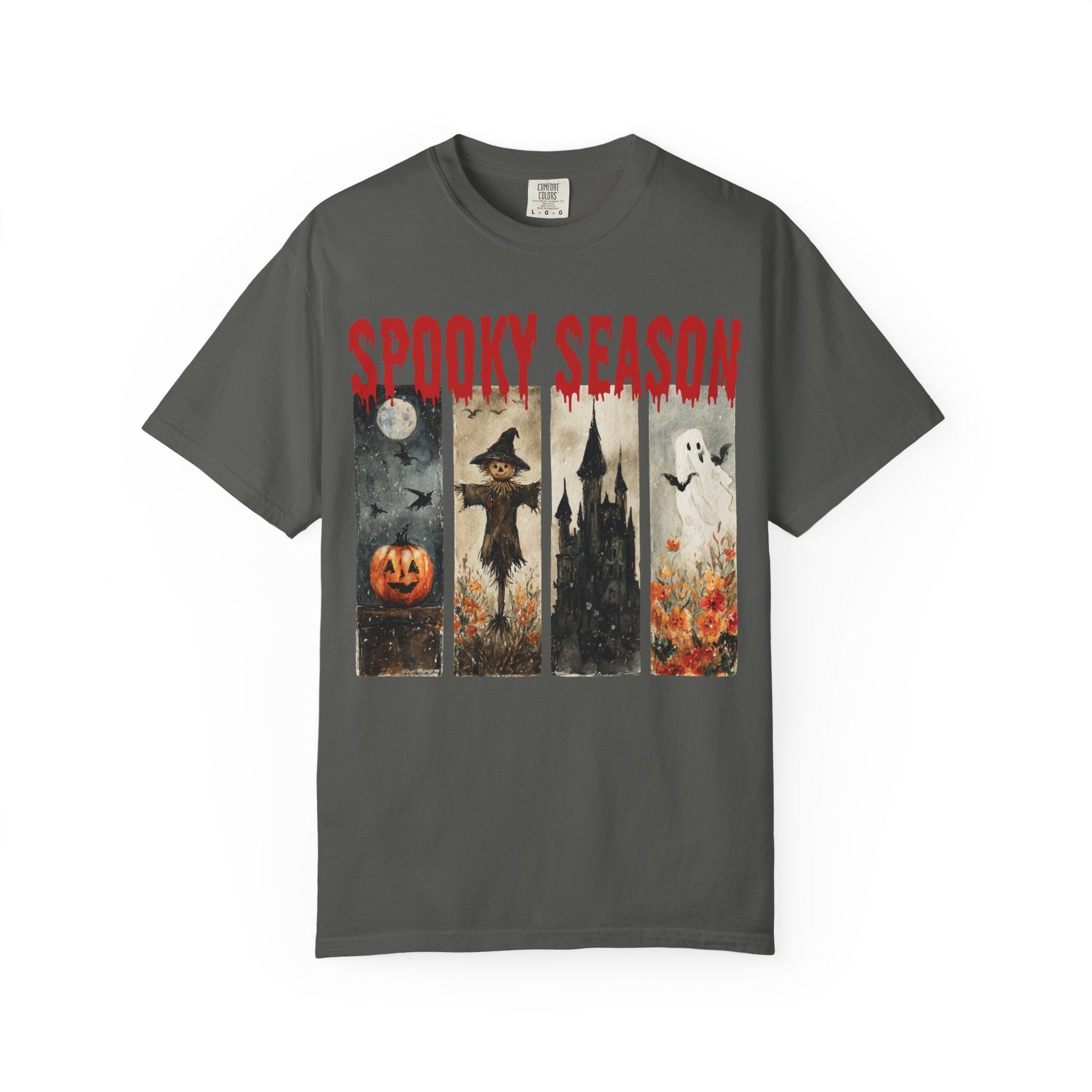 Spooky Season Halloween T-shirt with vintage pumpkin, scarecrow and ghost graphic — product mockup
