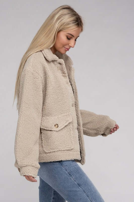 Shop Cozy Sherpa Button-Front Jacket For Women | Shop Boutique Clothing, Jackets, USA Boutique