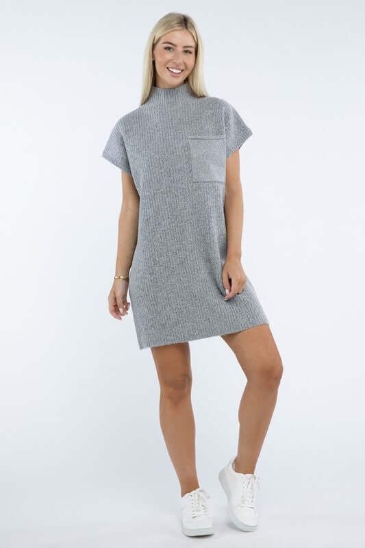 Women's Mock Neck Short Sleeve Mini Sweater Dress with Pocket, ZENANA, $ 55.00