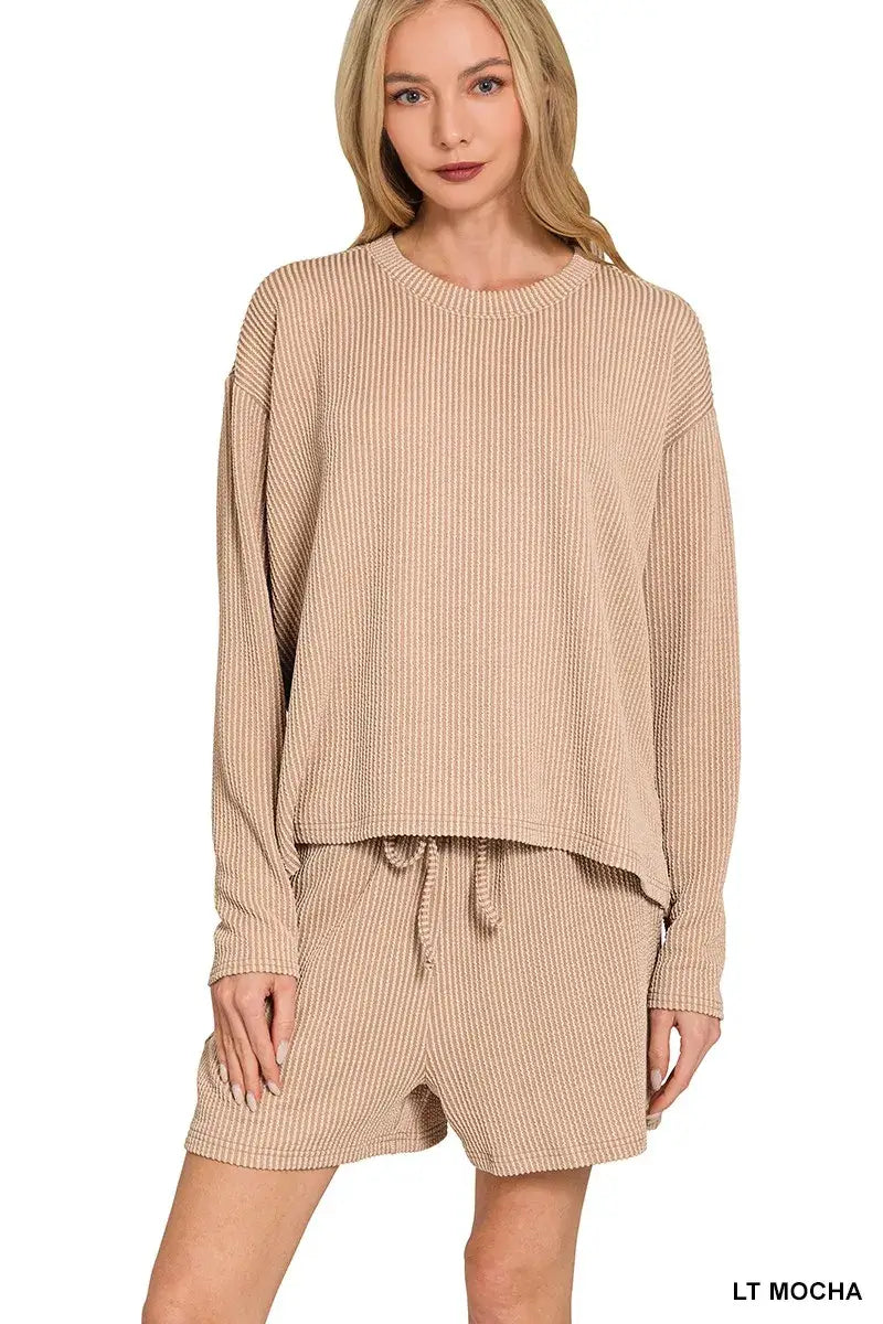 Comfortable Light Mocha Long Sleeve Tee & Shorts Set, Outfit Sets, $ 37.00, A Moment Of Now™