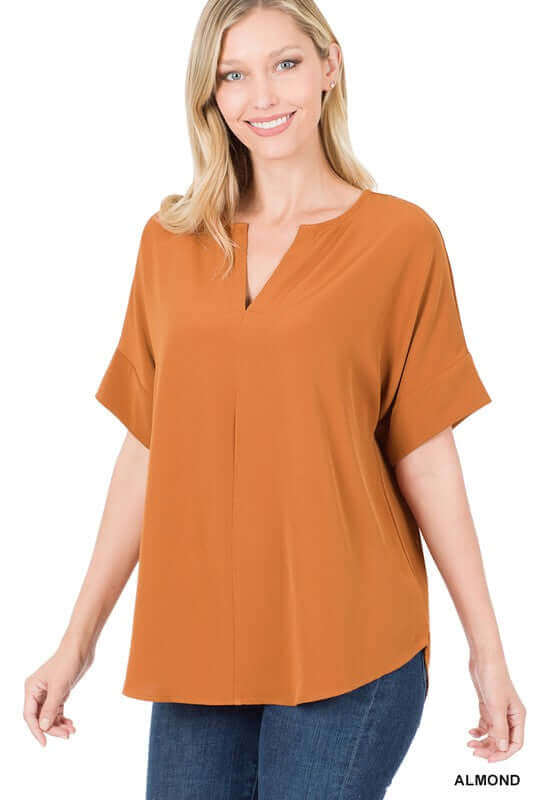 Heavy Woven Span Split Neck Short Sleeve Top, ZENANA, $ 29.00