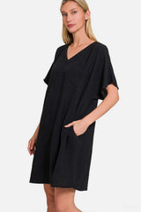 Black V-Neck Tee Mini Dress with Pockets, Zenana, $ 25.00