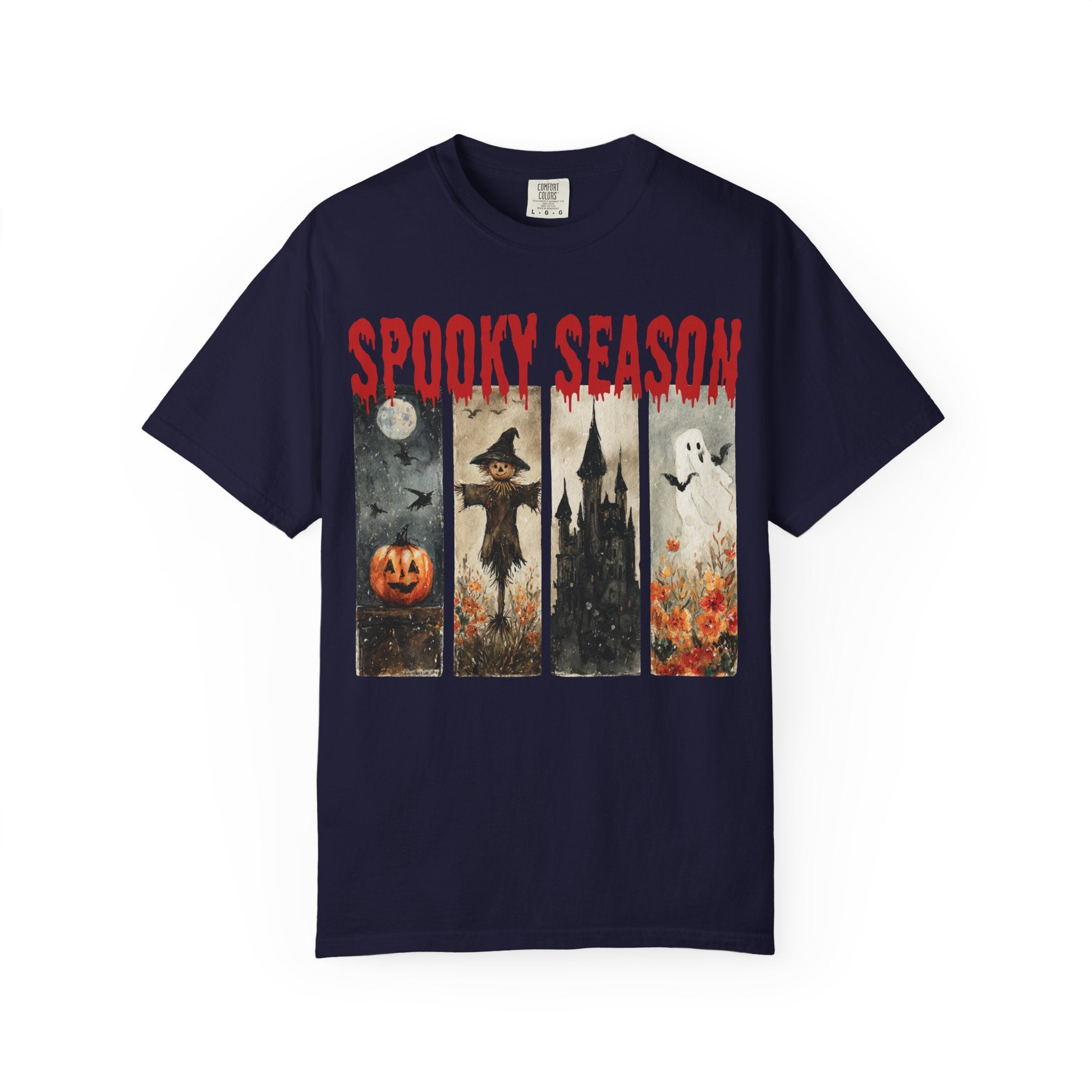 Spooky Season Halloween T-shirt with vintage pumpkin, scarecrow and ghost graphic — product mockup