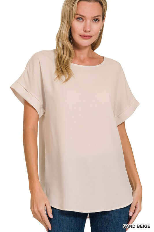 Woven Heavy Dobby Rolled Sleeve Boat Neck Top, ZENANA, $ 19.99