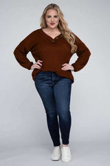 Plus Brushed Waffle V-Neck Button Detail Sweater, ZENANA, $ 28.00