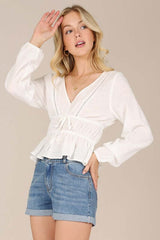 Women's Ivory Long Sleeve Sheer Lace Top | USA Boutique Clothing, Lilou, $ 38.95