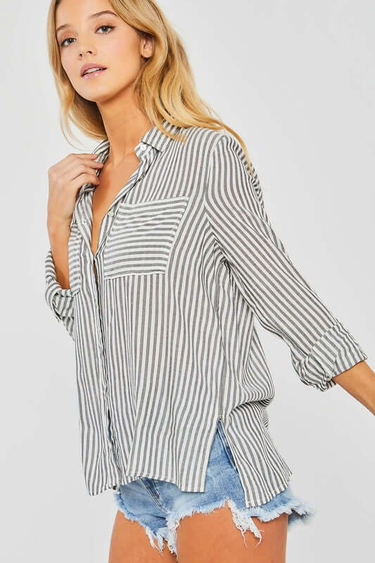 Shop Striped Roll Up Sleeve Button Down Blouse Shirts, Shirts, USA Boutique