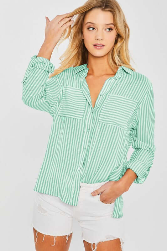 Shop Striped Roll Up Sleeve Button Down Blouse Shirts, Shirts, USA Boutique
