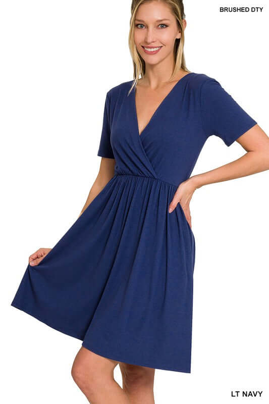 BRUSHED DTY BUTTERY SOFT FABRIC SURPLICE DRESS, ZENANA, $ 35.00