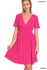 BRUSHED DTY BUTTERY SOFT FABRIC SURPLICE DRESS, ZENANA, $ 35.00