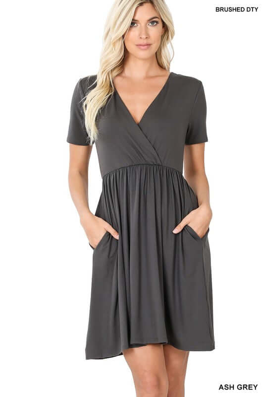 BRUSHED DTY BUTTERY SOFT FABRIC SURPLICE DRESS, ZENANA, $ 35.00