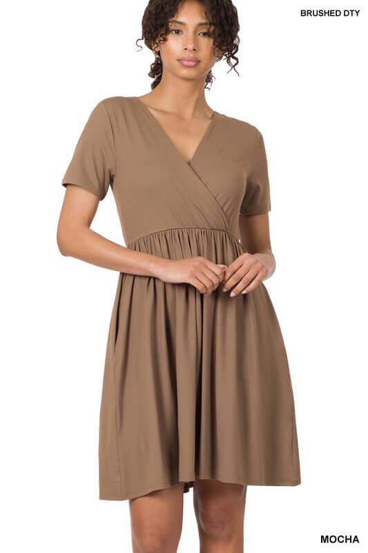 BRUSHED DTY BUTTERY SOFT FABRIC SURPLICE DRESS, ZENANA, $ 35.00