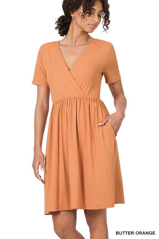 BRUSHED DTY BUTTERY SOFT FABRIC SURPLICE DRESS, ZENANA, $ 35.00