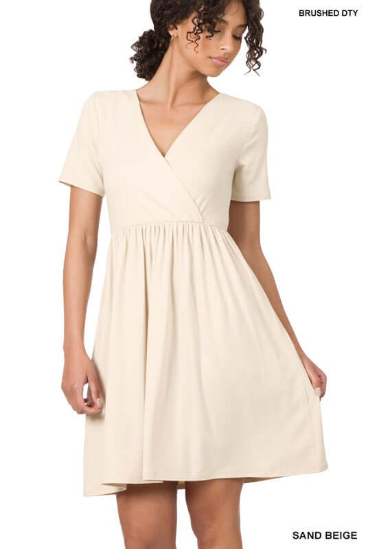 BRUSHED DTY BUTTERY SOFT FABRIC SURPLICE DRESS, ZENANA, $ 35.00