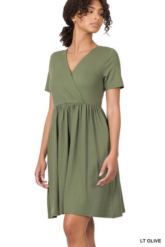 BRUSHED DTY BUTTERY SOFT FABRIC SURPLICE DRESS, ZENANA, $ 35.00