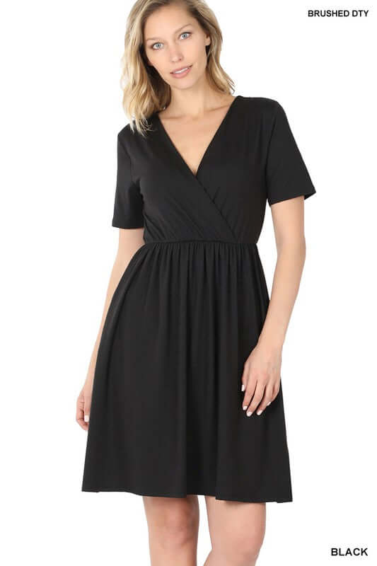 BRUSHED DTY BUTTERY SOFT FABRIC SURPLICE DRESS, ZENANA, $ 35.00