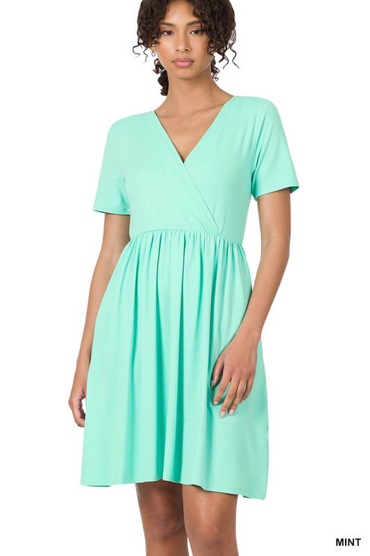 BRUSHED DTY BUTTERY SOFT FABRIC SURPLICE DRESS, ZENANA, $ 35.00