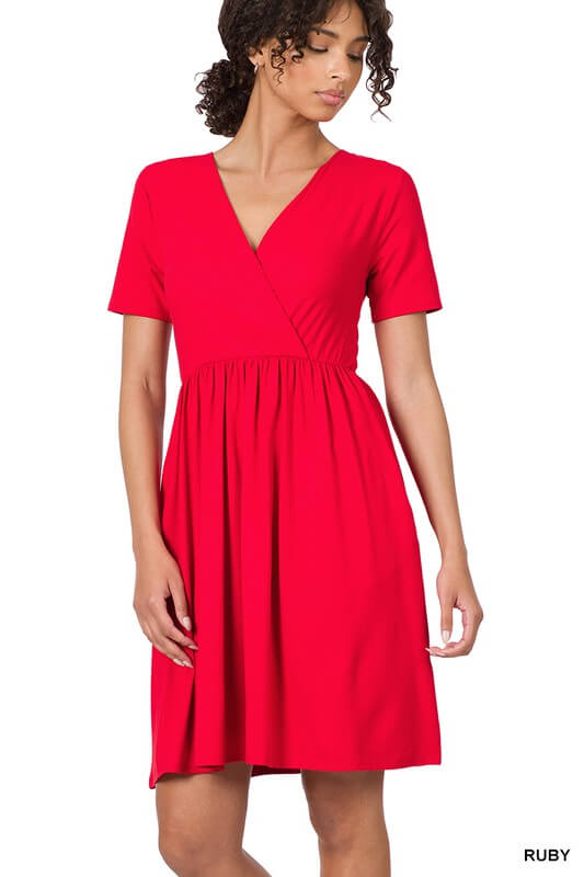 BRUSHED DTY BUTTERY SOFT FABRIC SURPLICE DRESS, ZENANA, $ 35.00