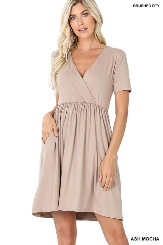 BRUSHED DTY BUTTERY SOFT FABRIC SURPLICE DRESS, ZENANA, $ 35.00