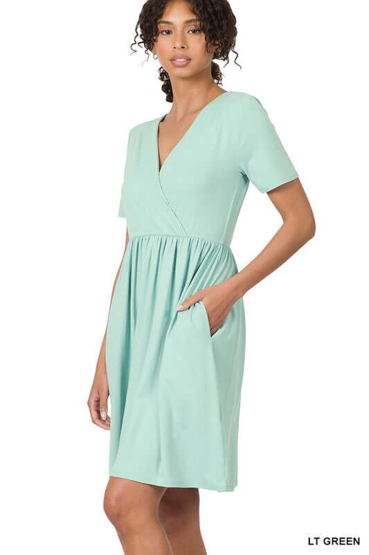 BRUSHED DTY BUTTERY SOFT FABRIC SURPLICE DRESS, ZENANA, $ 35.00