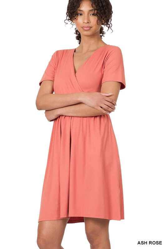 BRUSHED DTY BUTTERY SOFT FABRIC SURPLICE DRESS, ZENANA, $ 35.00