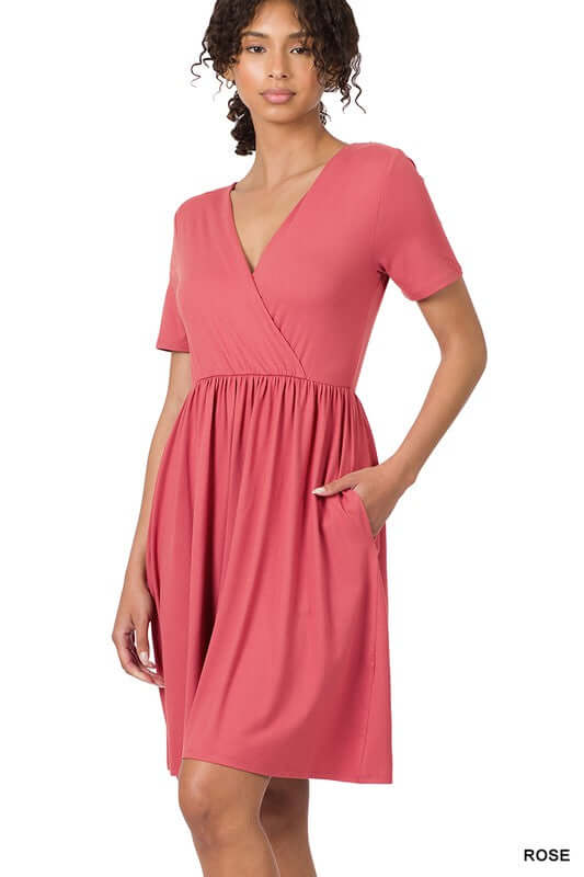 BRUSHED DTY BUTTERY SOFT FABRIC SURPLICE DRESS, ZENANA, $ 35.00