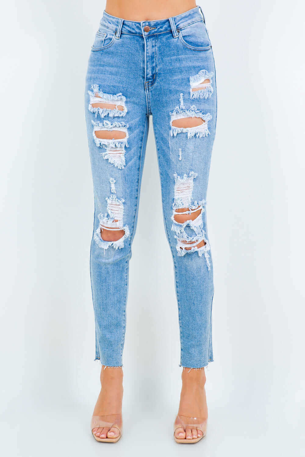 Blue High Waist Slightly Stretchy Destroyed Jeans, American Bazi, A Moment Of Now