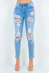 Blue High Waist Slightly Stretchy Destroyed Jeans, American Bazi, $ 36.00