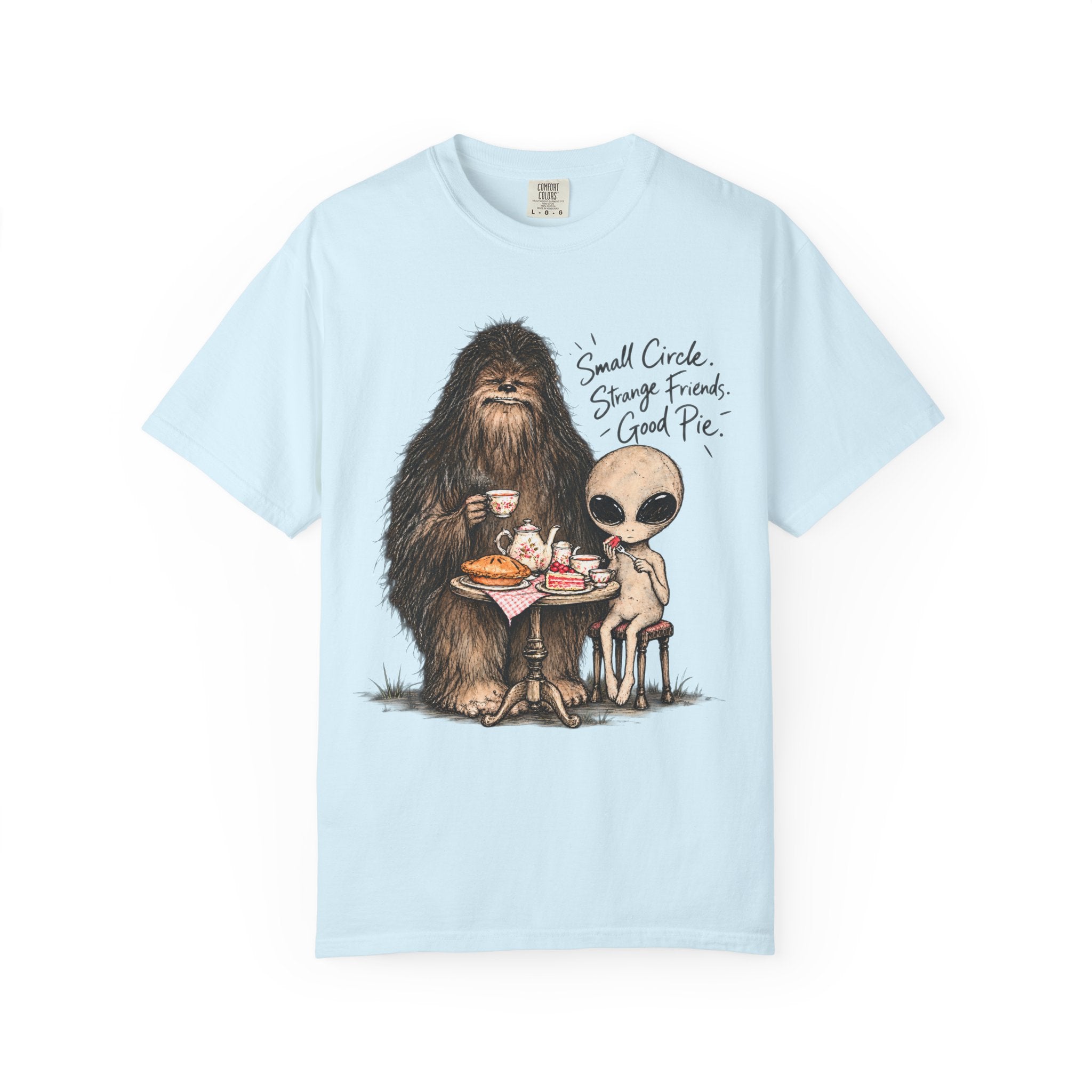 Bigfoot & Alien Tea Party T-Shirt | Small Circle, Strange Friends, Good Pie
