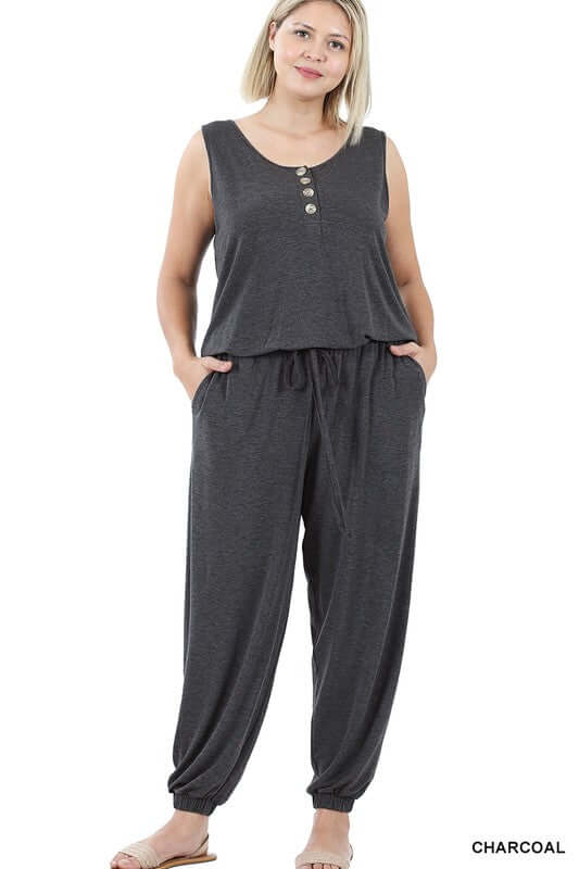 Women's PlusSize Comfy Sleeveless Jogger Jumpsuit | USA Boutique, ZENANA, $ 45.00