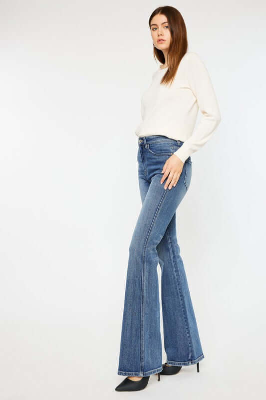 Women's Classic Medium Blue High Rise Flare Jeans | USA Boutique, Kan Can USA, $ 75.00