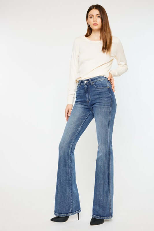 Women's Classic Medium Blue High Rise Flare Jeans | USA Boutique, Kan Can USA, $ 75.00