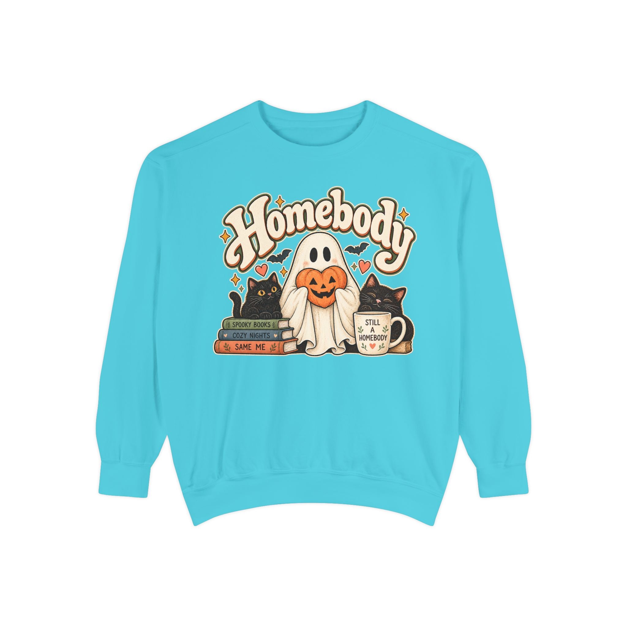 Homebody Sweatshirt — Cozy Halloween Ghost, Books & Pumpkin Mug Graphic - sweatshirt product image 10