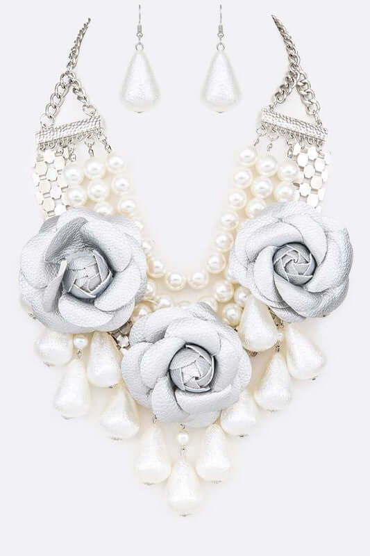 Rose Flower Mix Pearls Statement Necklace Earrings Jewelry Set