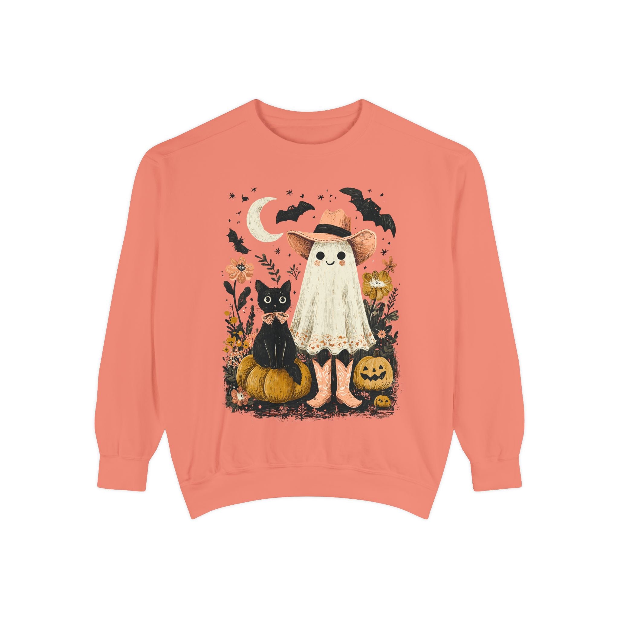 Halloween Ghost Costume Sweatshirt — Cute Ghost, Black Cat & Pumpkins Fall Pullover - sweatshirt product image 2