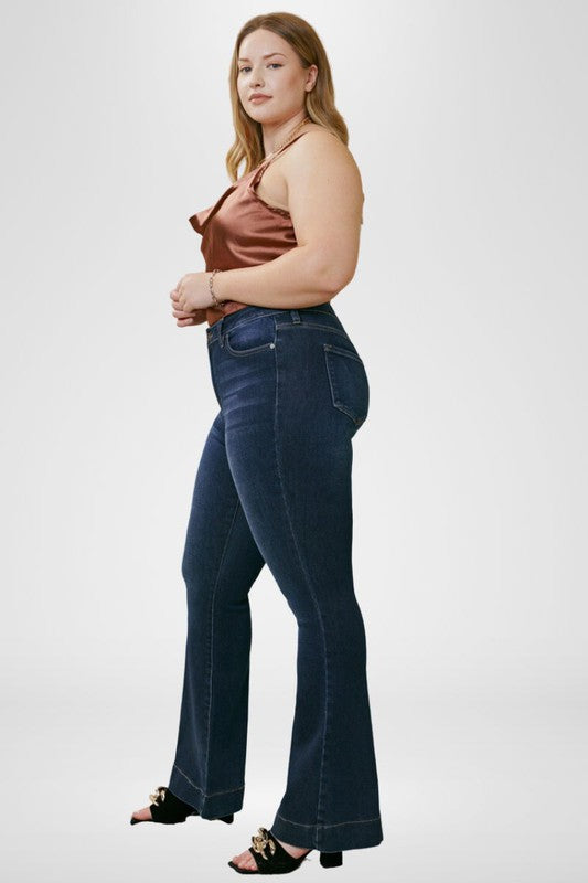 Plus Size Dark Stone Wash High Rise Flare Jeans