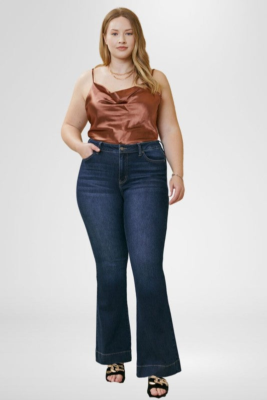 Plus Size Dark Stone Wash High Rise Flare Jeans