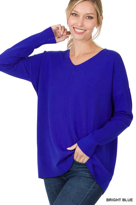 Women's Hi-Low Garment Dyed V-Neck Front Seam Sweater | USA Boutique, ZENANA, $ 45.00