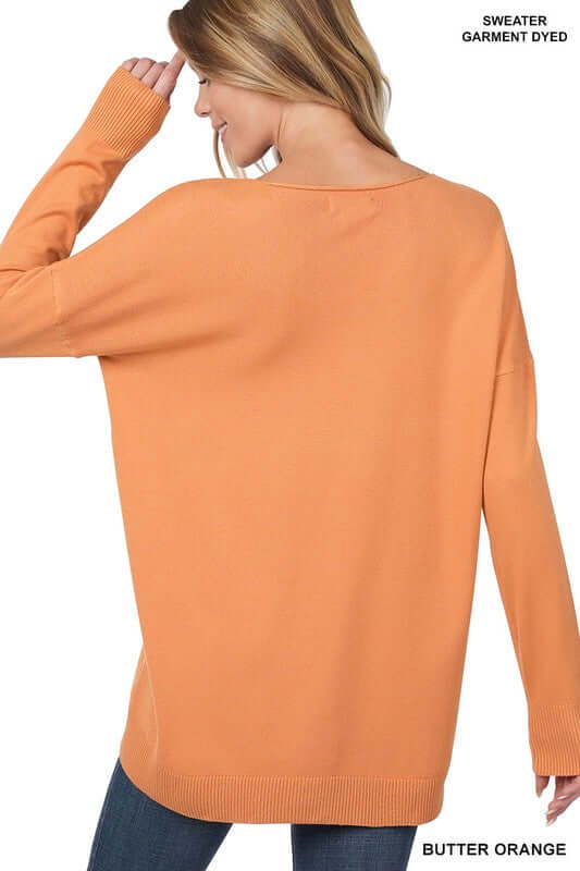 Women's Hi-Low Garment Dyed V-Neck Front Seam Sweater | USA Boutique, ZENANA, $ 45.00