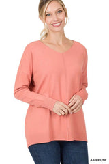 Women's Hi-Low Garment Dyed V-Neck Front Seam Sweater | USA Boutique, ZENANA, $ 45.00