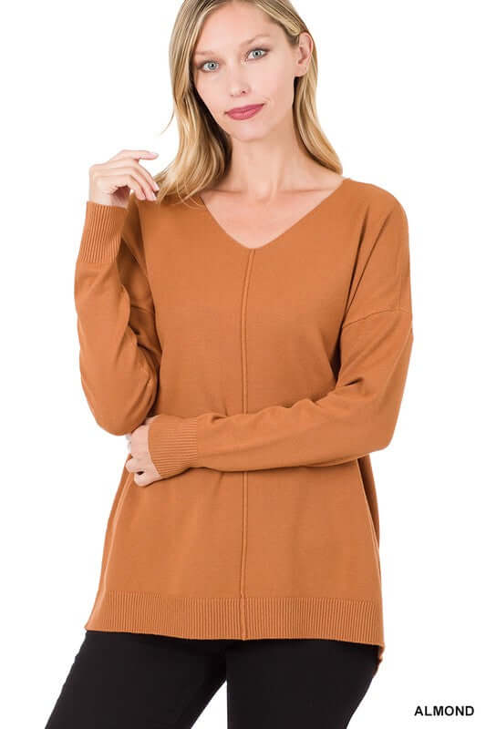 Women's Hi-Low Garment Dyed V-Neck Front Seam Sweater | USA Boutique, ZENANA, $ 45.00