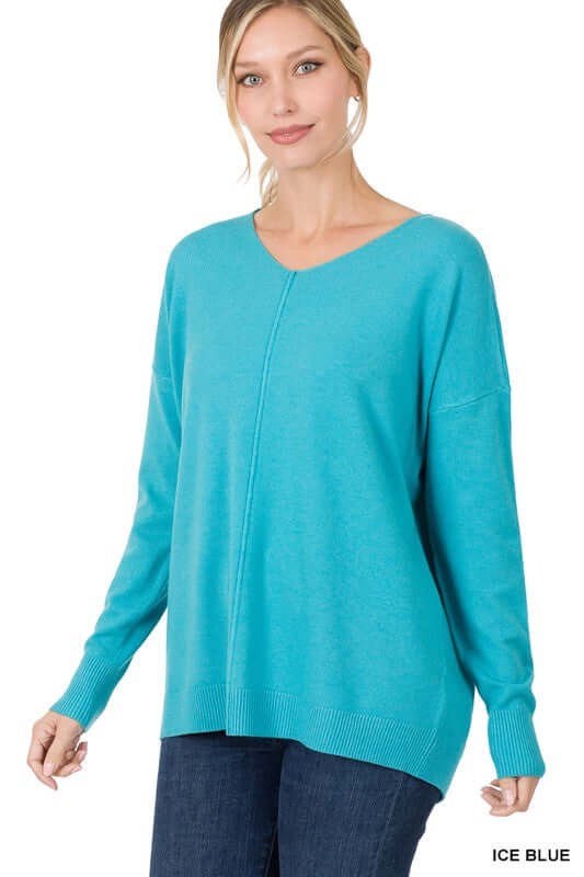 Women's Hi-Low Garment Dyed V-Neck Front Seam Sweater | USA Boutique, ZENANA, $ 45.00