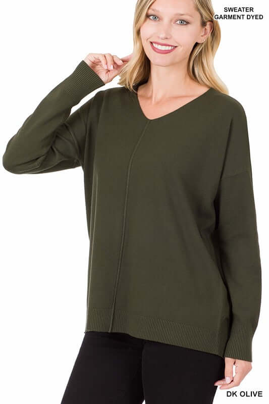 Women's Hi-Low Garment Dyed V-Neck Front Seam Sweater | USA Boutique, ZENANA, $ 45.00